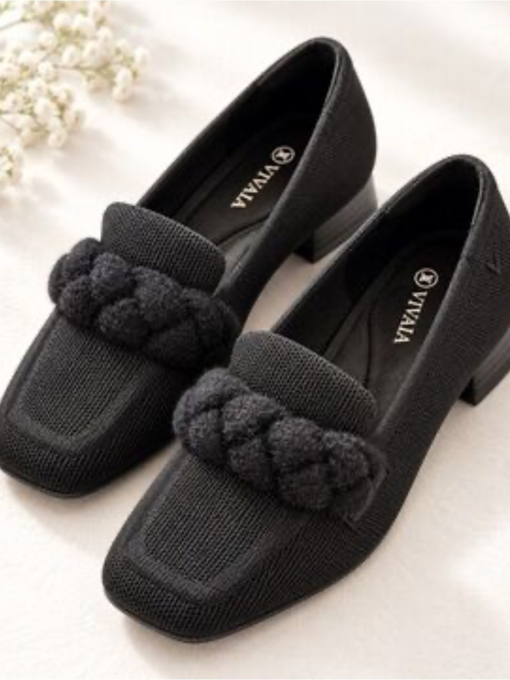 Vivaia Womens 39/ US 8 Caitlin Square Toe Knot Loafers Black Slip On Flats